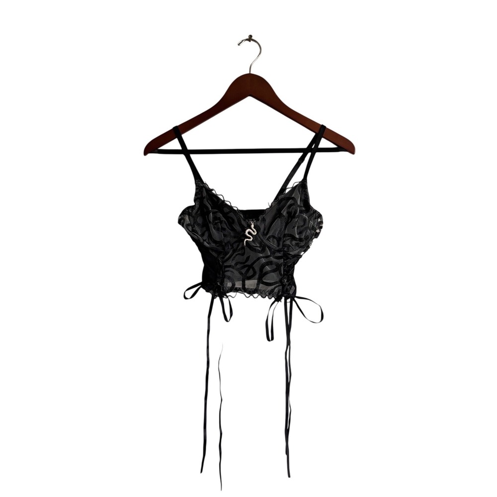 Black Mesh Snake Embroidery Corset Top Silver Snake Charm Lace Up Sides‎ XS
